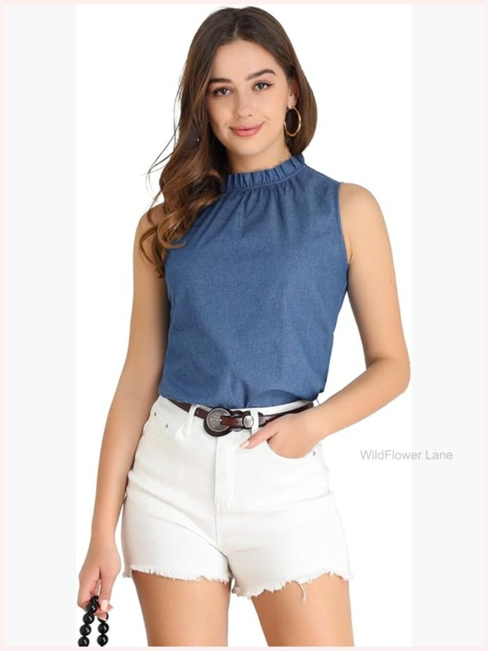 Sleeveless Ruffle Mock Neck Chambray Blouse Tank Top